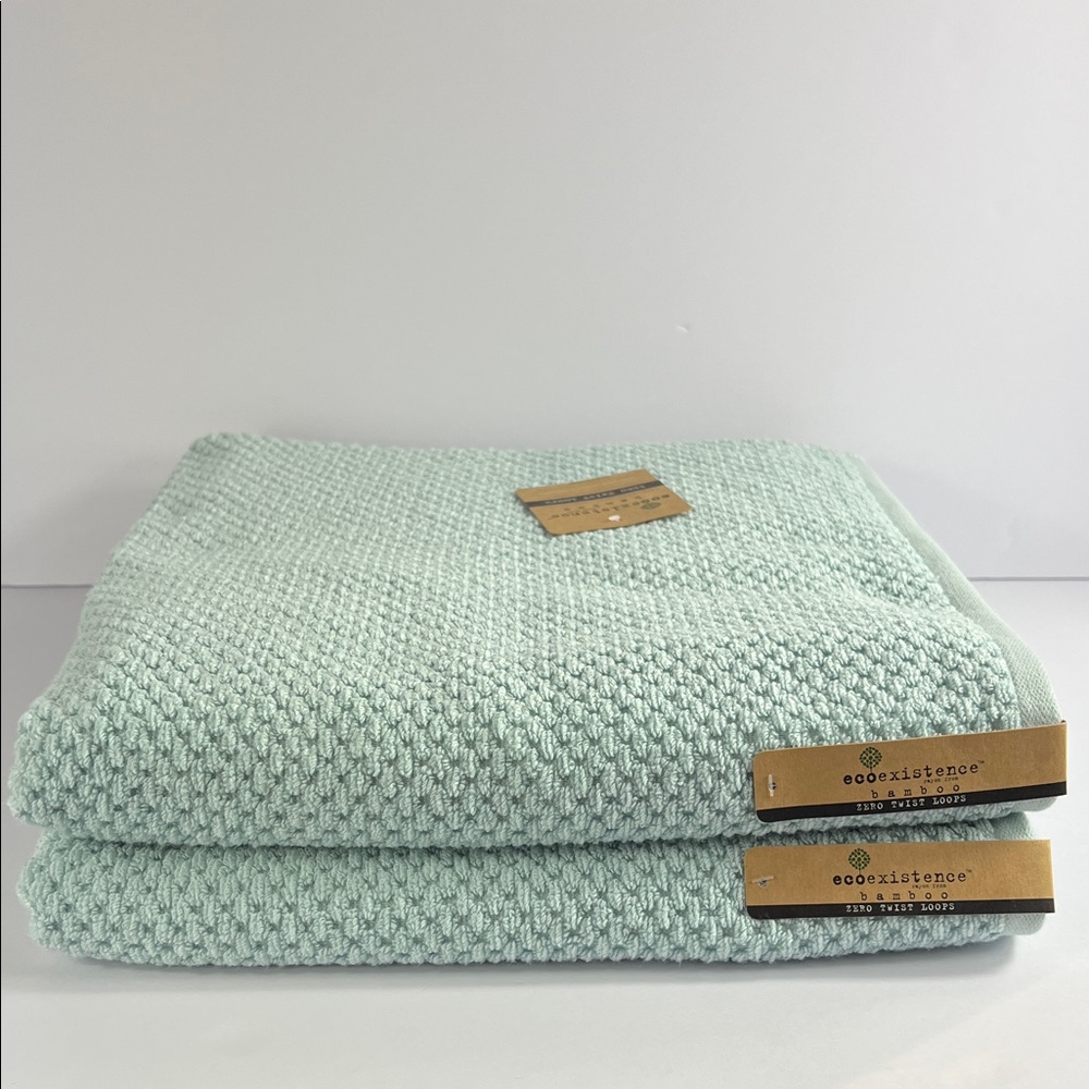 Ecoexistence Bamboo Bath Towels Blue (green) Waffle Soft Cotton Set of 2 NEW